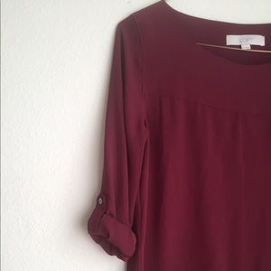 “Wine” Colored Boat Neck Blouse,Roll Up/Dw Sleeves
